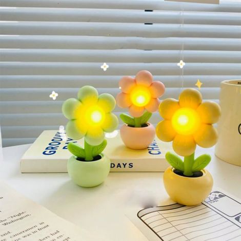 Veilleuse à fleurs violettes, mini lampe de chevet en pot, design dessin animé, décoration de bureau, lampe de table, ca (1/5)