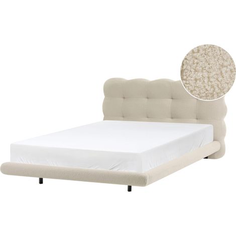 Bed Frame Beige Boucle Upholstery Tufted Headboard Slatted Base EU Small Double Size 4ft Metal Legs Modern Design SOULISSE (1/5)