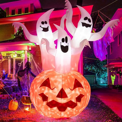 GOPLUS Décoration de Jardin Gonflable d'halloween 180 cm avec LED et Ventilateur Intégrés, Combo Citrouille et Fantôme Intérieure et Extérieure avec Cordes, Piquets pour Fête de Jardin, Pelouse (1/5)