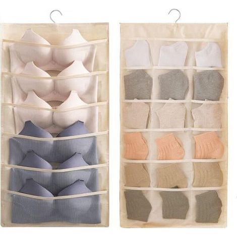 Rangement suspendu - 30 poches suspendues pour placard, soutien-gorge, sous-vêtements, chaussettes, cravates, grand organiseur mural pour vêtements, gain de place, double face (24 riz blanc) (1/5)