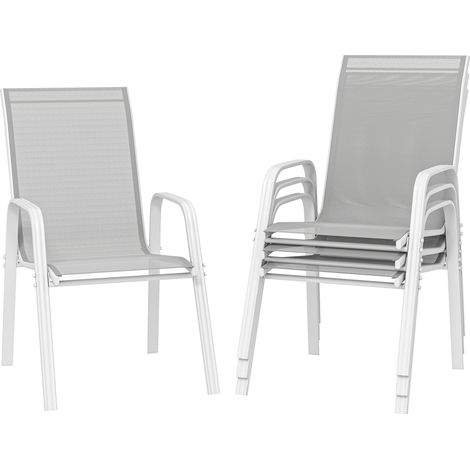 Outsunny juego de 4 sillas de jardín exterior apilables con tela transpirable marco de metal reposabrazos y respaldo 54x75,5x95 cm gris claro