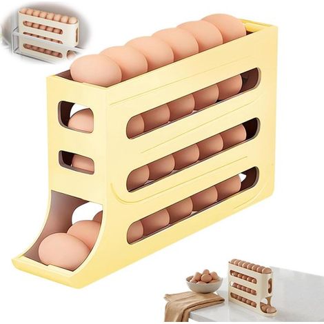 Porte-œufs pour réfrigérateur – Distributeur d'œufs à 4 niveaux – Grande capacité – Bac à œufs à roulettes automatique pour la cuisine et le plan de travail – Beige-Jaune (1/5)