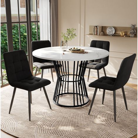 MODFU – Ensemble table ronde Ø100 cm + 4 chaises – MDF marbre – Pieds métal – Velours – Multicolore (1/5)