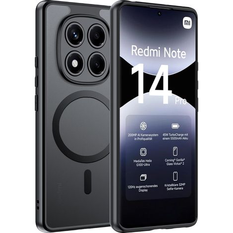 Magnétique Coque pour Xiaomi Redmi Note 14 Pro 4G Case avec MagSafe, Anti-Chute Silicone Souple + Acrylique Givré Coque, Etui Translucide Mat Arrière Housse Fine Antichoc - Noir (1/5)