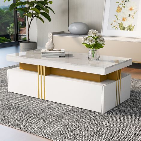 DESMIU Table basse rectangulaire avec 2 tiroirs, plateau effet marbre brillant, pour salon, blanc, 100 × 50 × 40 cm (1/4)