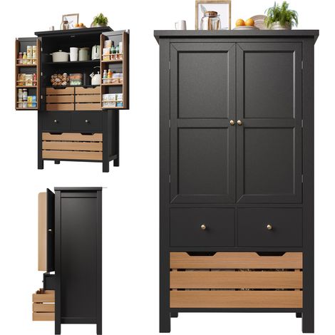 Buffet cuisine 80x40x140 cm, 2 portes, 5 tiroirs, noir et blanc (1/5)