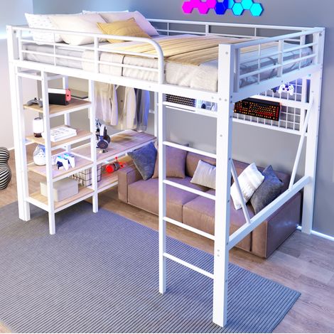 Cama alta dormitorio con LED y almacenaje blanca OKMYHOME (1/5)