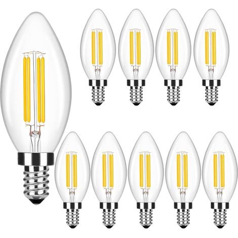 E14 LED Blanc Chaud 2700K, remplace les ampoules à incandescence classiques de 40W, lampe de 4W en forme de bougie, filament en verre, pack avantageux avec (10) (1/5)