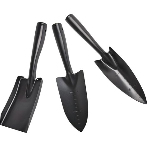 Ensemble de 3 Pelles Horticoles Multifonctions en Acier Manganèse Noir, Petites Truelles de Jardin à Main avec Graduation et Trou Suspendre, Kit D'outils de Plantation (1/5)