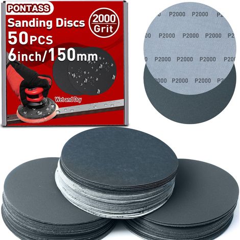 150mm Disques de Ponçage, Grain 2000 Disques Abrasifs Ronds 50 Pièces Papier de Verre Sec à l'eau Feuilles Abrasives pour Ponceuse Polissage Auto Mastic Plastique Vernis Métal Ponçage Sans Poussière (1/5)