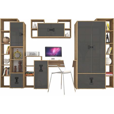 Conjunto para oficina en casa Florevi 104, Gris brillante + Roble Artisan, Aglomerado laminado