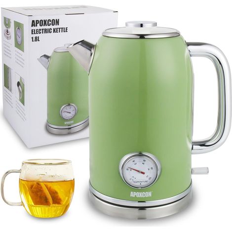 Bouilloire électrique de style rétro avec thermomètre 1.8L, ébullition rapide 1500W, arrêt automatique, sans BPA, acier inoxydable, sans fil, idée cadeau (vert) (1/5)