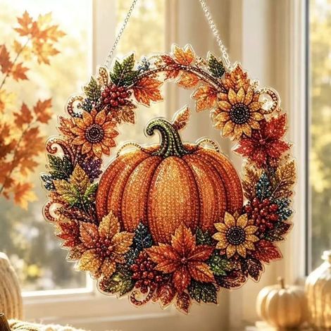 Kit de peinture diamant citrouille d'Halloween à faire soi-même, décoration murale 25x25cm avec chaîne de 25cm