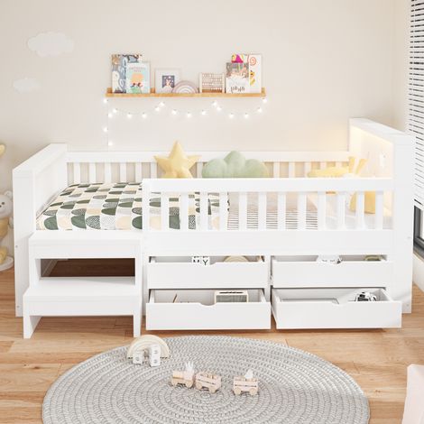 Lit enfant 90/200 cm blanc avec LED, tiroirs, marches et barrières de sécurité (1/5)