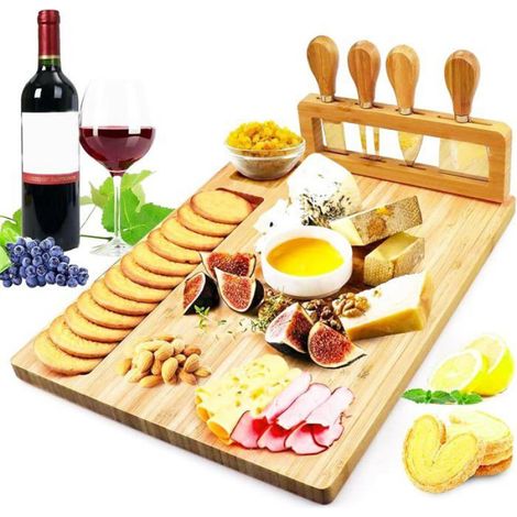 Plateau à Fromage - 1 Ensemble - Bambou Naturel - Avec 4 Couteaux - Pour Apéritif et Charcuterie - 3 ACCESSOIRES FABRICATION MAISON (1/5)