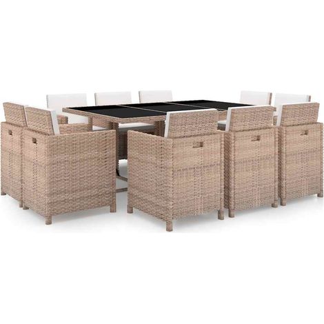 11-tlg. Garten-Essgruppe mit Auflagen Poly Rattan Beige