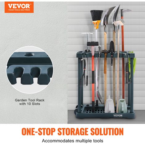 Support Range Outils de Jardin 10 Emplacements Porte-outils de Garage en PP pour Rangement, Organisation, Stockage des Coins d'Abri Extérieur des Outils, Râteaux, Balais, Pelles à Long Manche (1/5)
