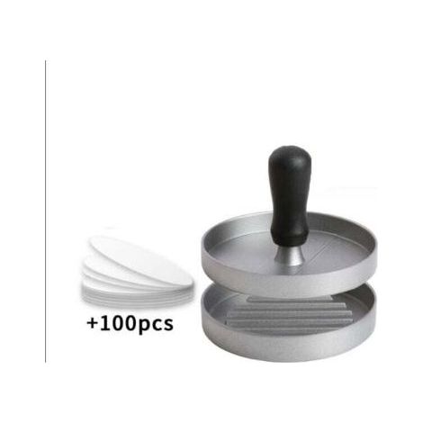 1PC Burger Press Aluminum Minced Steak Mold Non-Stick Coating + 100 Sheets of Paper, Kitchen Utensils for Making Delicious Hamburgers, Patties and Barbecues, Silver