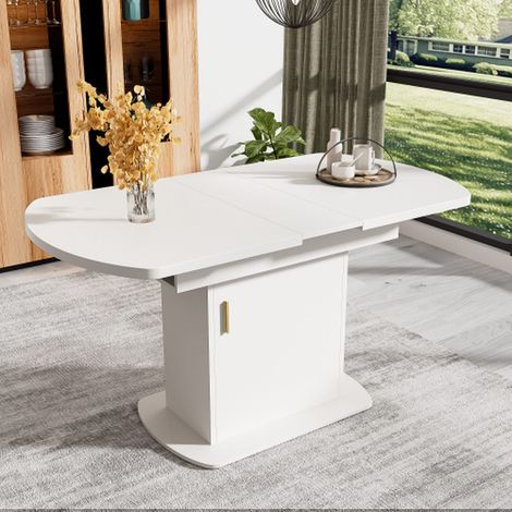 Table à manger ovale extensible 110-130 x 70 x 75 cm blanche avec rangement et poignées dorées, design moderne et multifonctionnel. (1/5)