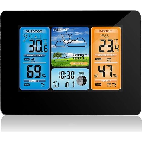 Farbvorhersage Digitale Wetterstation, Außensensor-Wetteruhr mit Außensensor mit Alarm, Temperatur, Luftfeuchtigkeit (Schwarz) - Crezuo