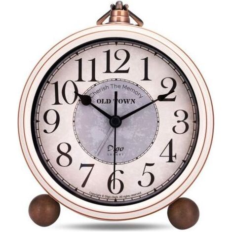 Reveil Vintage sans Tic-tac, Métal Beige Reveil Classique Rétro, Elégant Déco Silencieuse Horloge de Table Chevet Chambre Bureau 13.5cm (1/4)
