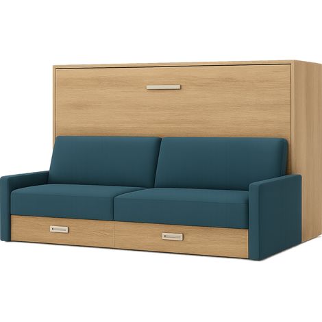 Lit escamotable horizontal avec canapé Vetal 160x200-Canapé Bleu canard-Structure et Façade Chêne 3D (1/5)