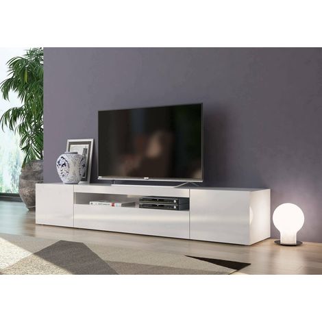 Dmora Mueble para TV para salón, Made in Italy, mueble para TV con 3 puertas y estantes, cm 200x40h37, color blanco brillante, con embalaje reforzado (1/4)