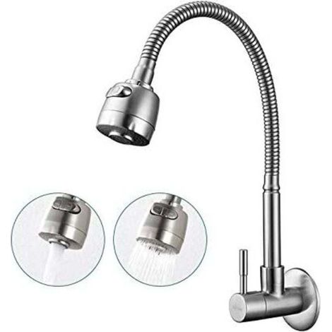 180° drehbarer Küchenhahn zur Wandmontage mit 2 Funktionen, einzelner Kaltwasser-Küchenspültisch-Mischhahn, Wandmontage, gebürstete Oberfläche, Feder-Küchenrohr (1/4)