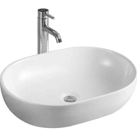 Vasque à poser ovale Silla, lavabo salle de bain en céramique 59x40x14 cm, design moderne, installation facile, Blanc