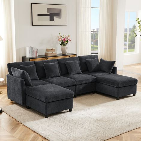 Canapé d'angle moderne en L - Avec repose-pieds amovible - 4 places - Gris