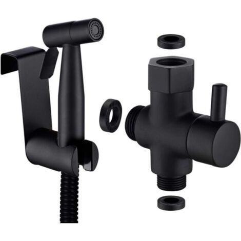 Ensemble WC et douche en acier inoxydable avec bidet et douchette, comprenant un mitigeur trois voies 3/8"-12/17 et un flexible de douche de 1,2 mètre, idéal pour les WC suspendus, noir. (1/5)