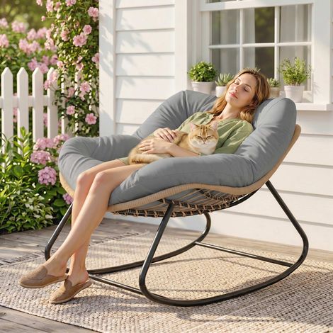 Fauteuil Bascule Papasan Intérieur/Extérieur, Ovale Rembourré, Jardin Patio, Gris (1/5)
