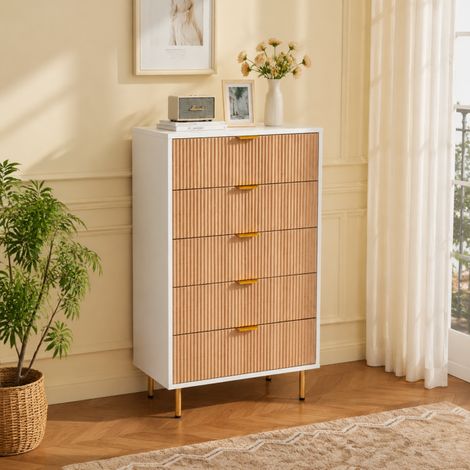 Buffet 5 tirtors, Commode Chambre 60 x 34 x 109.8, Meuble bas, Armoire Tiroirs, Tour de Rangement, pour Salon, Chambre, Salle à Manger, Blanc, couleur bois naturel (1/5)