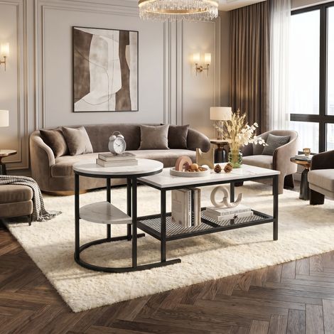 Tables Basses Gigogne, Petites Tables Rondes et Rectangulaires Lot de 2 Table D'appoint avec Espace de Rangement en Métal Pieds Modernes avec Motif Blanc Marbre Pour salon Balcon et Bureau - Noir