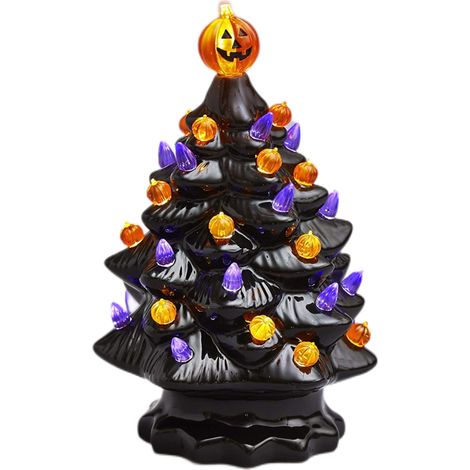 Arbre d'Halloween lumineux en céramique, décoration de table de citrouille lumineuse, ornement festif pour intérieur.
