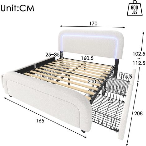 Cadre de lit avec fonction de chargement USB Type C, éclairage LED et 4 tiroirs, lit double rembourré 160x200cm, tête de lit réglable en hauteur, sommier à lattes en bois, Sherp blanc (sans matelas) (1/5)