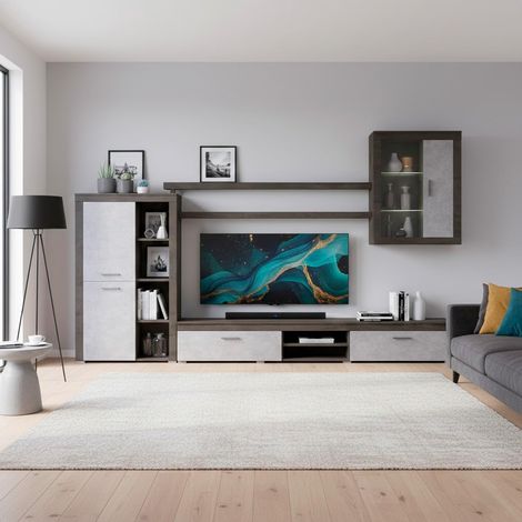 Parete Attrezzata Da Soggiorno Salotto Moderna Con Ante Mensole Vani A Giorno Vetrinetta Mobile TV Design Moderno Moduli Sospesi 293 x 193 x 50 Cm Bianco E Noce - Colore: Ossido e Grigio Cemento