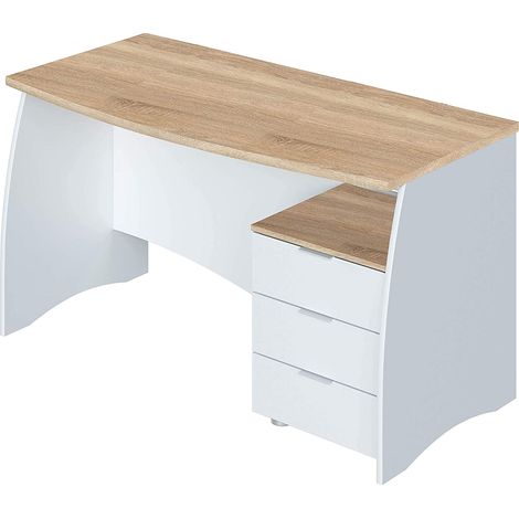 Bureau avec caisson de 3 tiroirs coloris blanc artic / chêne canadien - Hauteur 74 x Longueur 136 x Profondeur 67 cm -PEGANE-