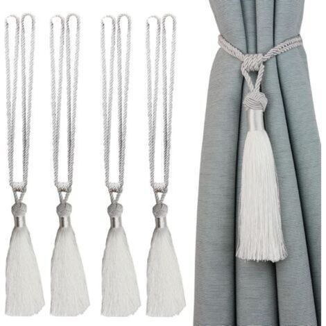 Embrasses de rideaux faites à la main en corde avec pompons pour décoration de bureau et de maison, blanc (blanc, 4) (1/5)