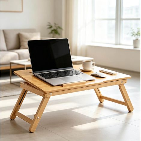 Table pliante réglable en bambou naturel pour lit - 55 x 35 cm (1/5)