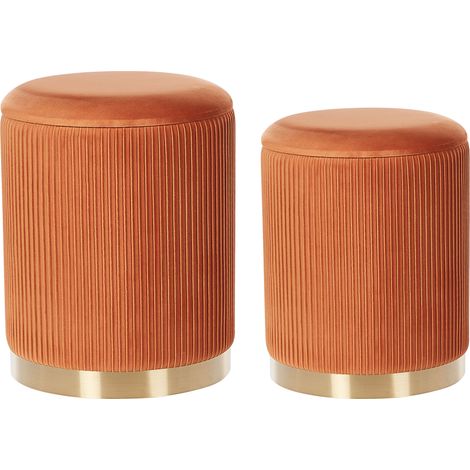 Conjunto de 2 pufs con almacenaje tapizados en poliéster naranja con base dorada diseño moderno mechón horizontal Miramar (1/5)