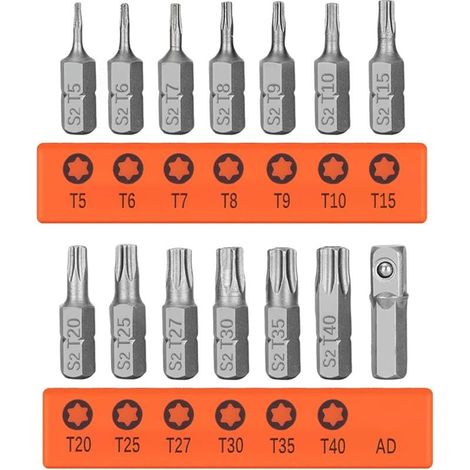 Lot de 14 embouts de tournevis Torx T5-T40 avec trou, tige hexagonale 1/4" en acier S2 magnétique, assortiment d'embouts Torx Tamper Proof Security Bits avec fente (longueur 25 mm) (1/5)