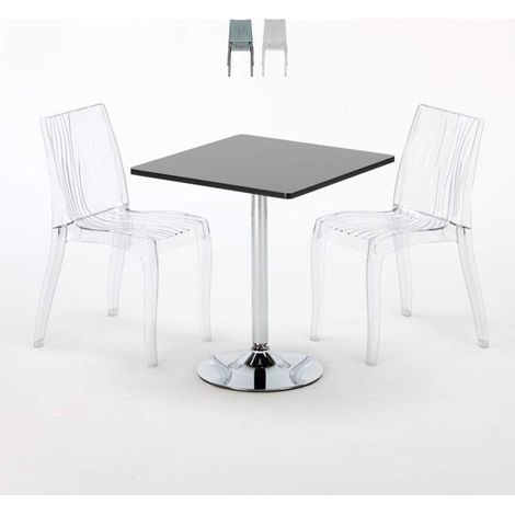 Table Carrée Noire 70x70cm Avec 2 Chaises Colorées Et Transparentes Set Intérieur Bar Café Dune Platinum - Transparent (1/5)