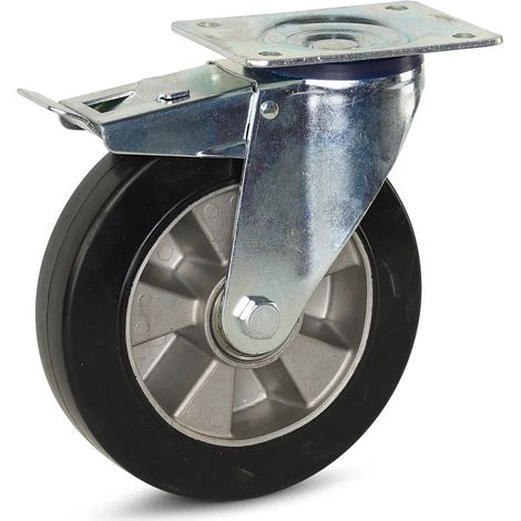 Roulette pivotante freinée - MESO - Caoutchouc élastique noir - 200mm - Platine - 450kg