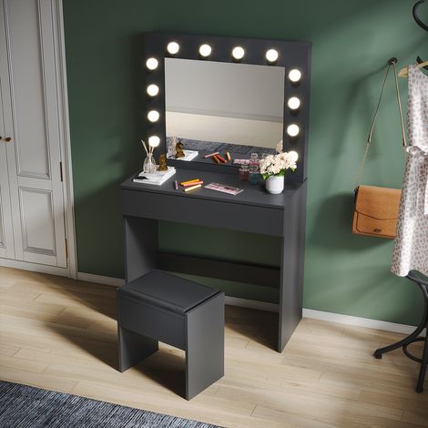 SIRHONA Tavolo da Trucco con Sgabello Imbottito Toeletta con 12 Luci Dimmerabili 3 modalità di illuminazione Con 1 cassetto e sgabello Tavolo da Trucco Stile Moderno Nero 80x40x140cm (1/5)
