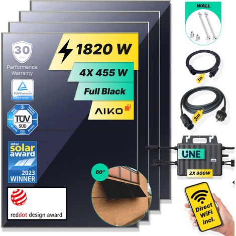 ROBINSUN®️ Kit Solar Enchufable Performance Wall 1.820Wp, 4 paneles Aiko 455Wp+ 2 Microinversores 800W con Wifi incluído+Cable 3m +4 Fijaciones 60º