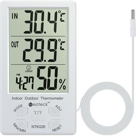 Sonde filaire de 1,5 m, thermo-hygromètre, enregistrement des valeurs min/max, intérieur/extérieur