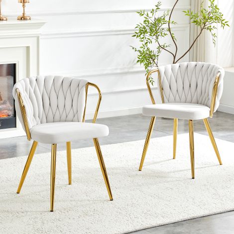 Chaise de salle à manger revêtue de velours, chaise moderne capitonnée avec dossier tressé et pieds en métal doré, fauteuil ergonomique pour salle à manger, salon et cuisine, crème et or
