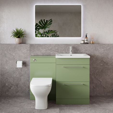 Napoli 460 Olive Green 1100mm 2 Drawer Vanity Unit Toilet Suite with Glide Basin - 1100mm - Chrome 320mm HandleWith Kingston Toilet Pan and Seat