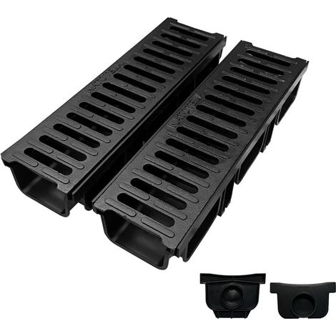 Set of 2: 100x45x500 mm HDPE Outdoor Drainage Channel with Cast Iron Grate, B125 HDPE Terrace Drain with Cast Iron Grate, for Driveway, Garden, Terrace, Garage (1/5)